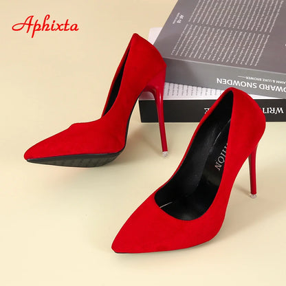 Aphixta 12cm Super High Stiletto Heels Pumps Women Office Flock Pointed Toe Thin Heel Party Shoes Woman Plus Large Size 44 45.