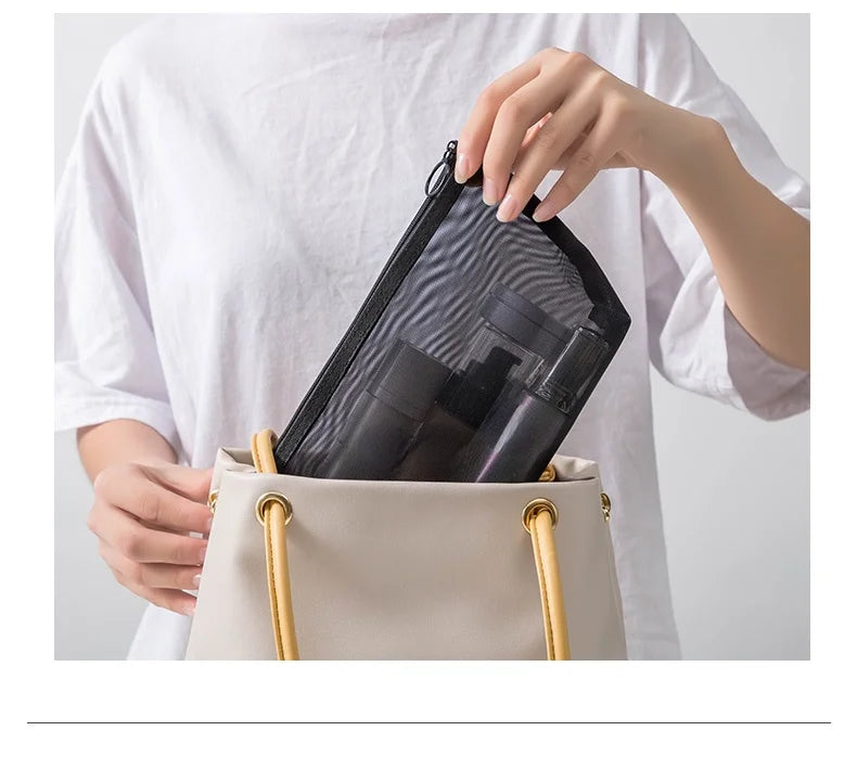 1pcs Transparent Mesh Zipper Cosmetic Bag Women Necessary Organizer Fashion Small Large Black Toiletry Bags Makeup Pouch Case.