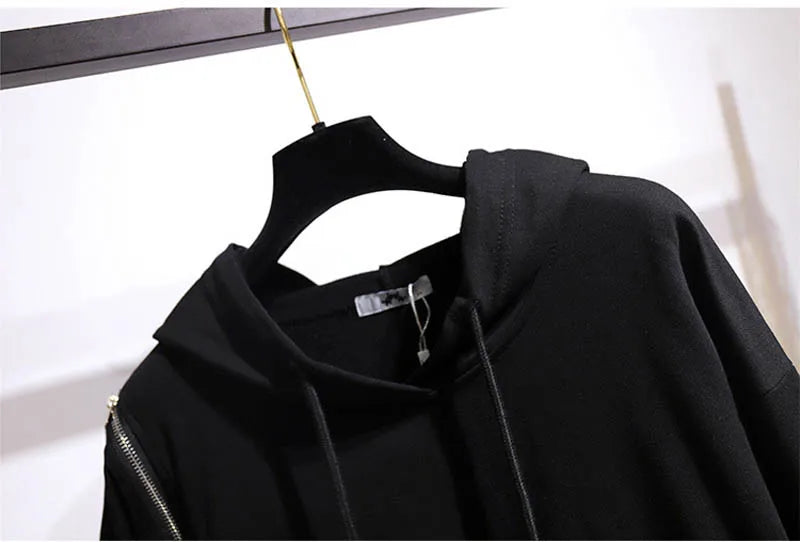 150Kg Plus Größe frauen Frühling Herbst Lose Mit Kapuze Sweatshirt Büste 154cm 6XL 7XL 8XL 9XL 10XL Lange hülse Gefälschte Zipper Top Schwarz.