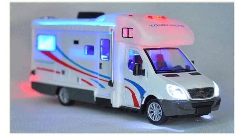 1:28 Diecast Luxury RV Recreational Vehicle Car Model Metal Camper Van Motorhome Touring Car Model Sound and Light Kids Toy Gift.