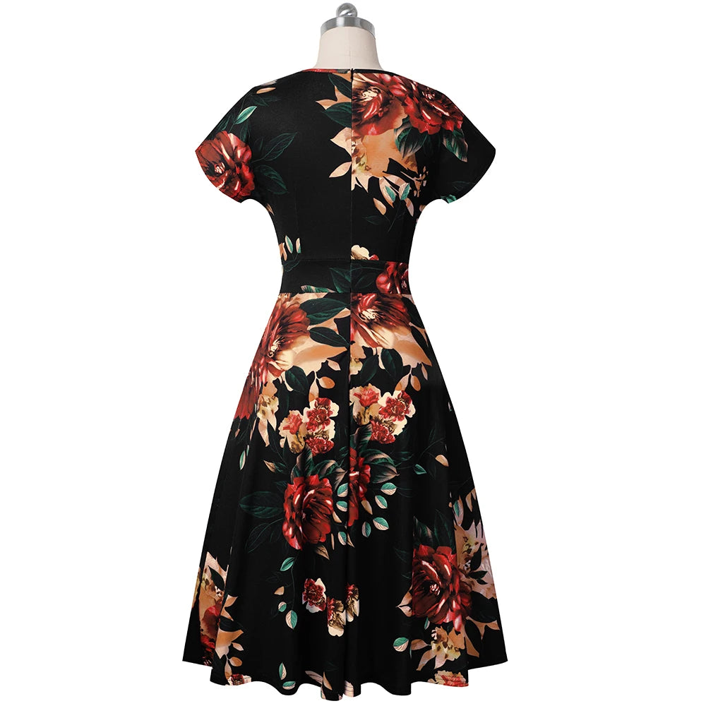 Nice-forever Vintage Elegante Blumen Druck Plissee Rundhals vestidos A-Line Pinup Business Party Frauen Flare Swing Kleid A102