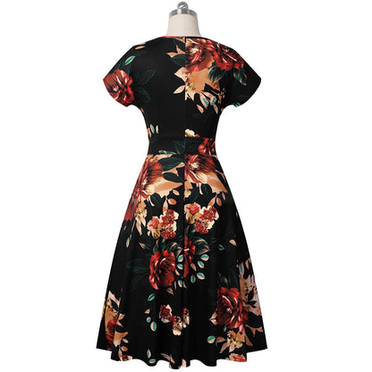 Nice-forever Vintage Elegante Blumen Druck Plissee Rundhals vestidos A-Line Pinup Business Party Frauen Flare Swing Kleid A102