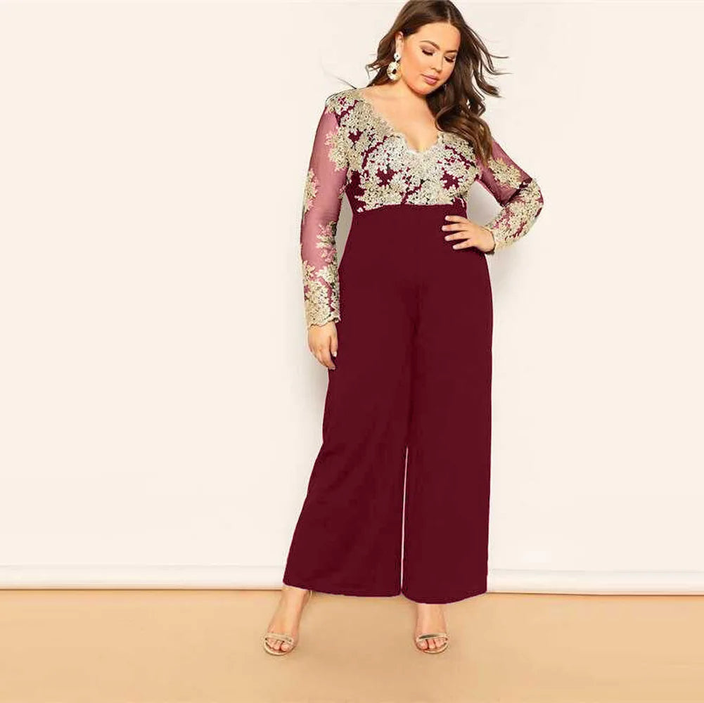 Wide Leg Casual Overalls Sexy Women V-Neck Elegant Lace Straight Party Jumpsuit Romper.