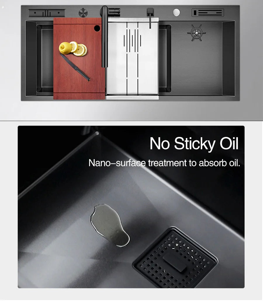 ASRAS New Nanometer Large Size Single Cup Rinser Kitchen Sink 4mm Thickness 220mm Depth With Drain Plate Knife Holder Sinks