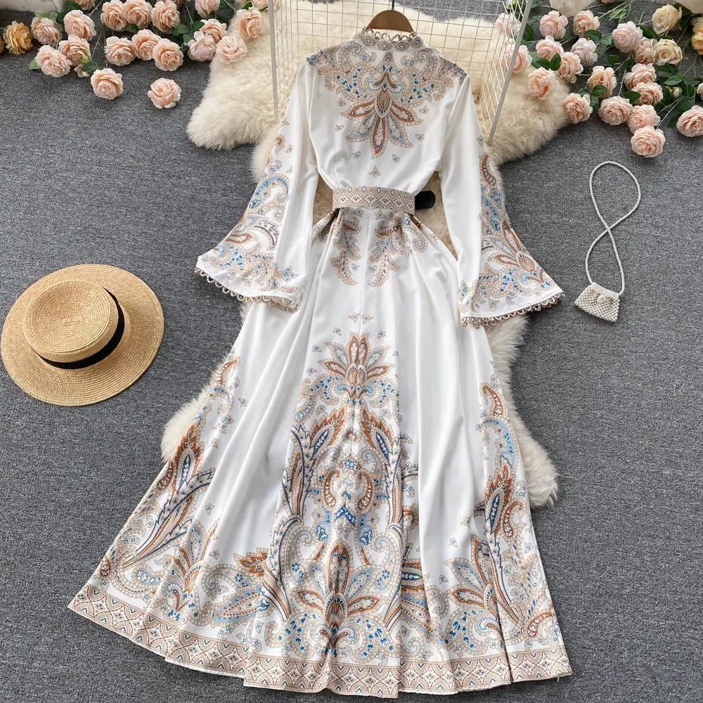 Fall Vintage Stand Collar Casual Midi Dress For Women Flare Sleeve Empire Printed Lace Dress.