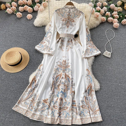 Fall Vintage Stand Collar Casual Midi Dress For Women Flare Sleeve Empire Printed Lace Dress.