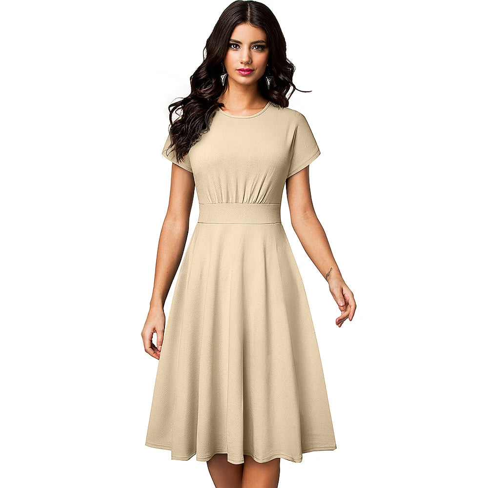 Nice-forever Vintage Elegante Blumen Druck Plissee Rundhals vestidos A-Line Pinup Business Party Frauen Flare Swing Kleid A102