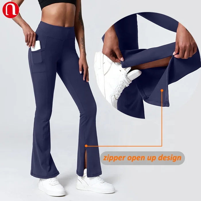 Luluyun Bottom Zipper up Leg Open Wide Leg Pants for Women Casual Elastic High Waist Loose Long Pants.