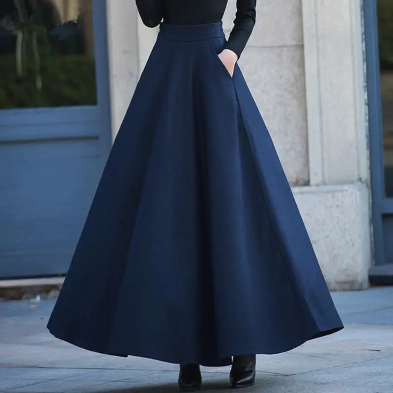 FairyShely Vintage Pleated Long Skirt Women 2025 Autumn Winter Woolen High Waist Black Skirts Female Flare Pocket