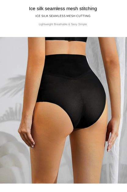 European American Plus Size Women's High Waist Ice Silk Trousers Firm Nylon Briefs Traceless Lace Stitching Thin Body Shaping.
