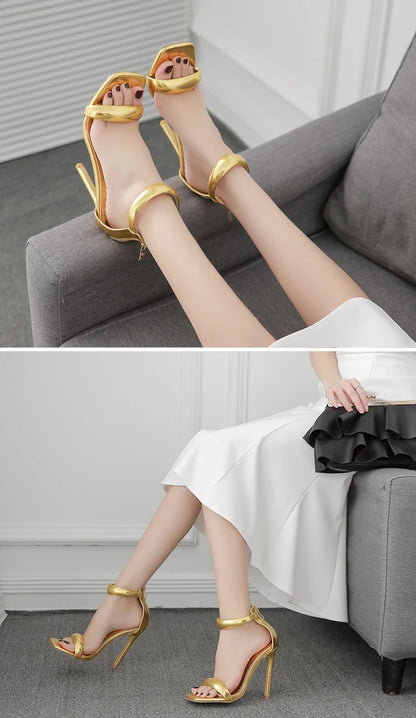 Eilyken Summer Silver Gold Peep Toe High Heel  Sandals Sexy Buckle Strap Ankle-Wrap Ladies Club Women Stripper Shoes.