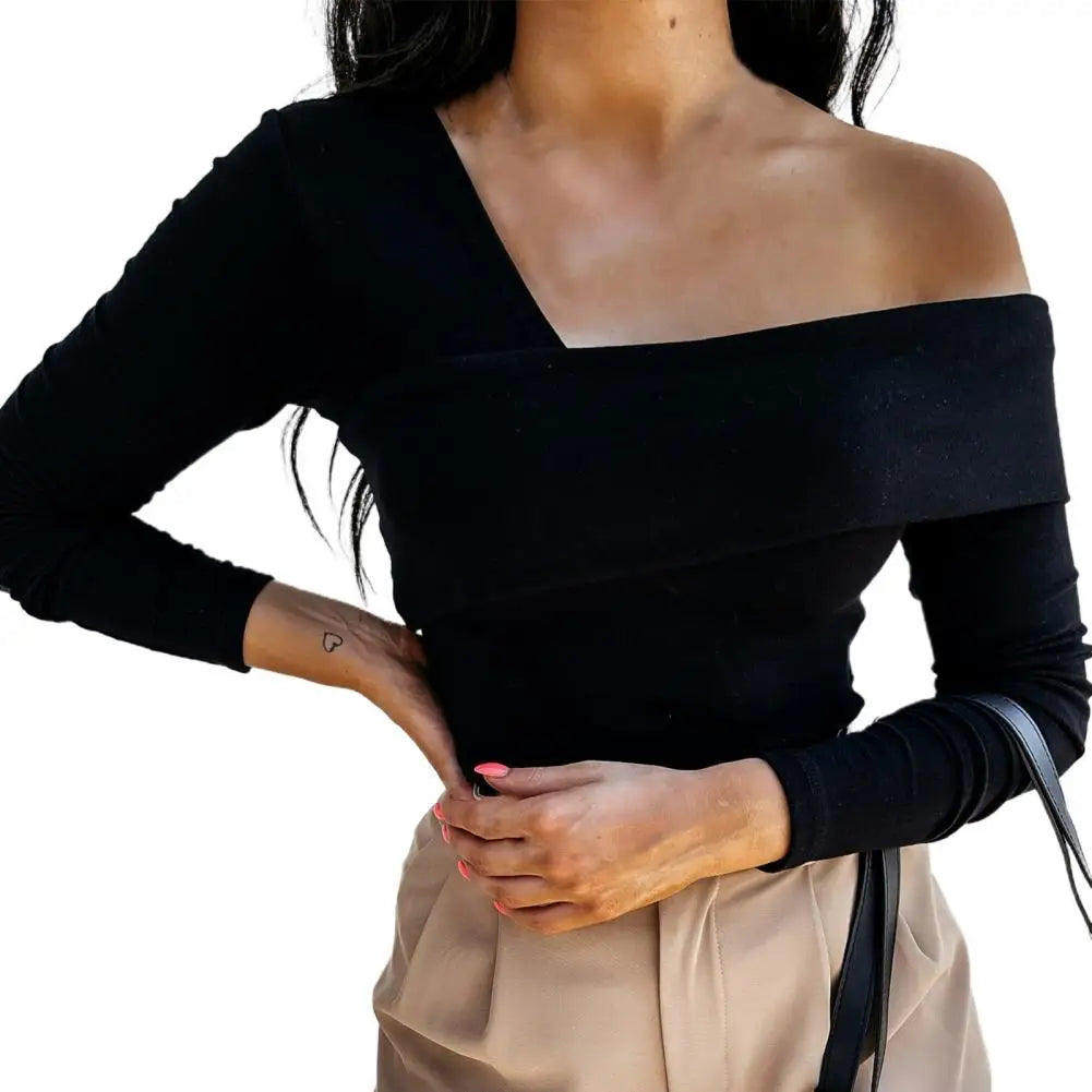 Women Autumn Winter T shirt Off Shoulder Oblique Neck Strapless Backless Long Sleeve Solid Color Ladies Slim Shirt femme.