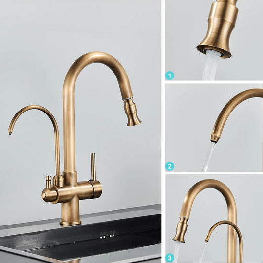Antique Kitchen Sink Pure Faucet Pull Out Spout Hot Cold Mixer Taps Deck Mount Hot Cold Mixer Taps Purification Kitchen Crane