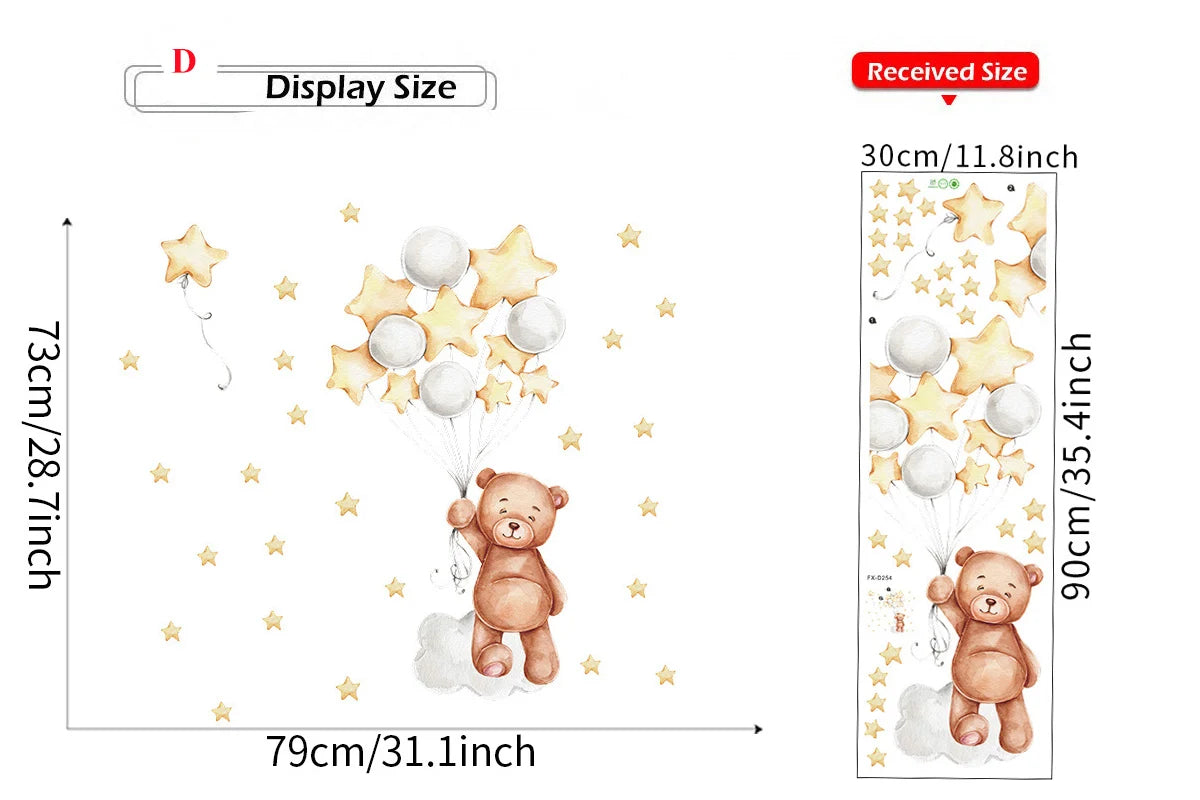 Cute Bear Moon Star Wall Stickers for Kids Rooms Girls Boys Baby Room Decoration Kawaii Cartoon Animal Nursery Wallpaper Vinyl.