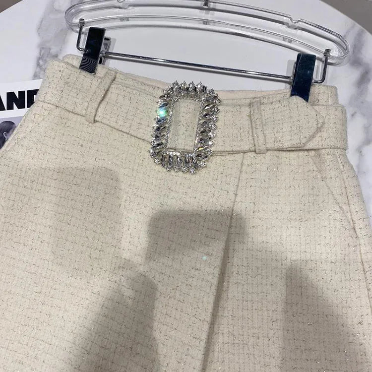 2022 Spring Autumn New shiny sequins Plaid Shorts with Belt for Lady Rhinestone Bright Silk Tweed Folding Short Boots Women.