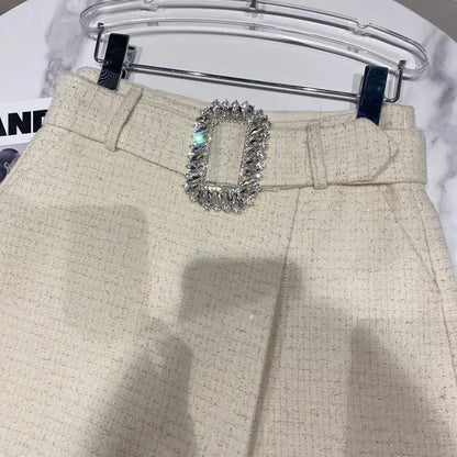 2022 Spring Autumn New shiny sequins Plaid Shorts with Belt for Lady Rhinestone Bright Silk Tweed Folding Short Boots Women.