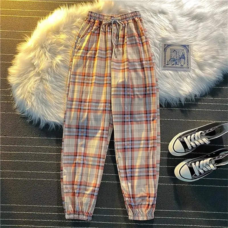 Hosen Frauen Neue Haufen füße Mode Lose Schwarz Plaid Sommer Harajuku Studenten Streetwear Harem Lange Hosen Frauen Chic