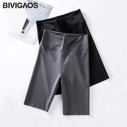BIVIGAOS Summer Sharkskin Fabric Biker Shorts Women's Thin Black Cycling Shorts Slim Skinny Sport High Waist Fitness Shorts.