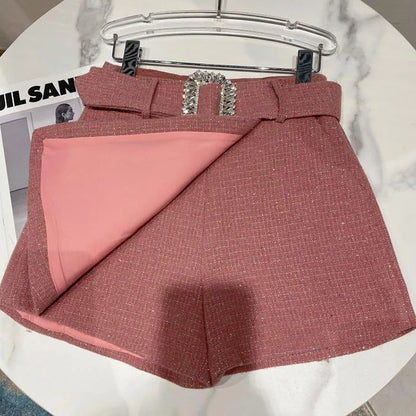 2022 Spring Autumn New shiny sequins Plaid Shorts with Belt for Lady Rhinestone Bright Silk Tweed Folding Short Boots Women