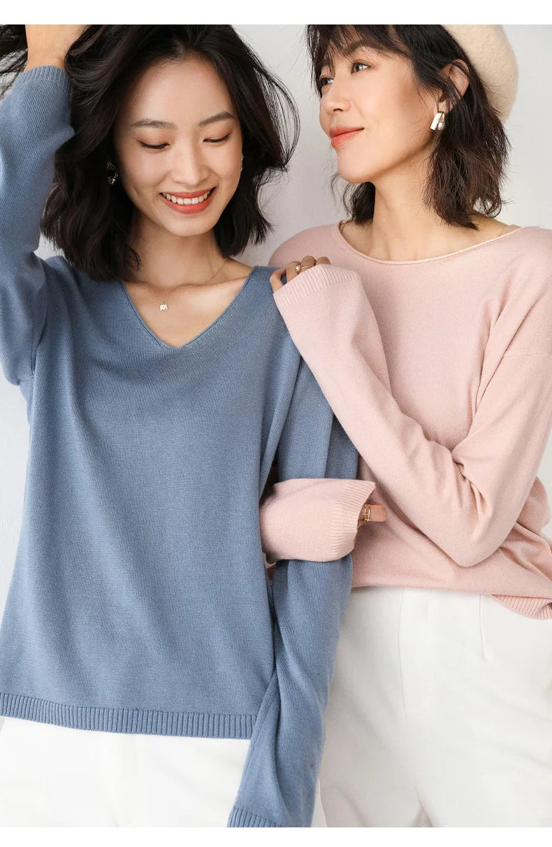 2025, frühling Herbst Frauen Pullover Solide Strickwaren Koreanische Lose Weibliche Grundlegende Casual Jumper Stretch Pullover Himmel Blau Rosa Pullover