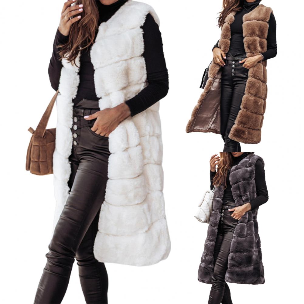 Herbst Winter Frauen Jacke Weste Einfarbig Rundhals Faux Pelzmantel Dicken Rundhals Oberbekleidung Plüsch Jacke für Frauen.