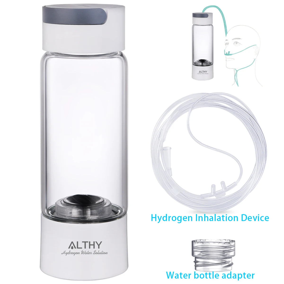 ALTHY Hydrogen Rich Water Generator Bottle - Glass Cupbody - DuPont SPE & PEM Dual Chamber Maker Ionizer - H2 Inhalation Device.