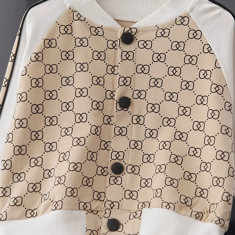 2022 Spring New Suit Boys Girls Baby Print Handsome Single-Breasted Children's Long-Sleeved Baseball Sshirt 2-Piece Set.