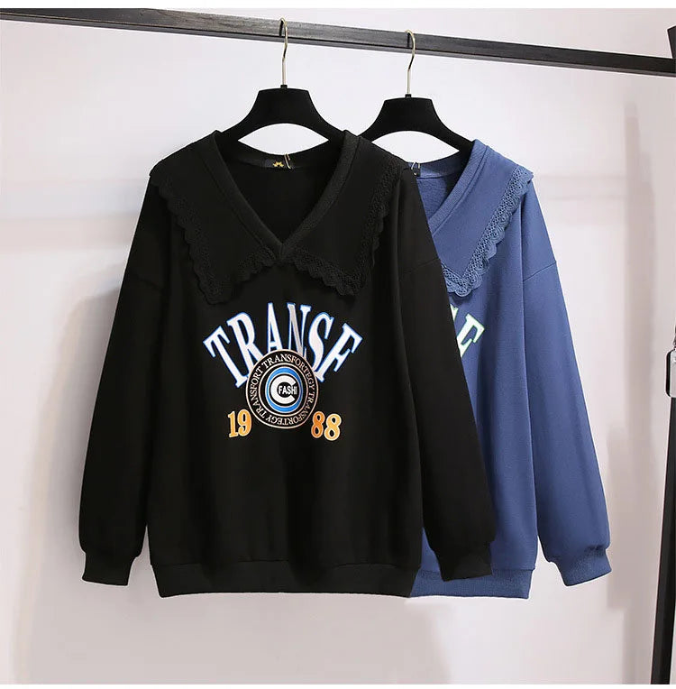 150Kg Plus Größe frauen Herbst Faul Stil Puppe Kragen Sweatshirts Fehlschlag 157cm 6XL 7XL 8XL 9XL 10XL lose Dünnen Langen Ärmeln Top.