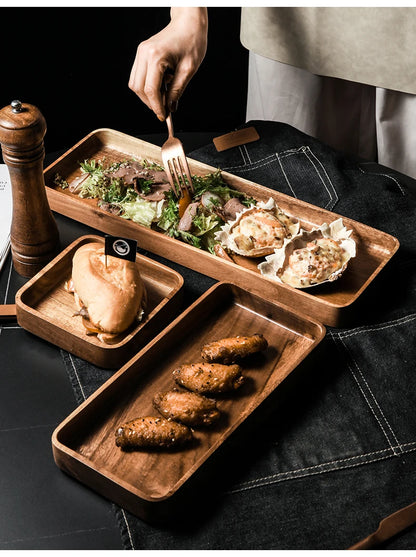Acacia Wood Serving Tray Saucer Tea Tray Dessert Dinner Plate Tableware Set Japanese Snacks Food Rectangular Plate Storage Dish.