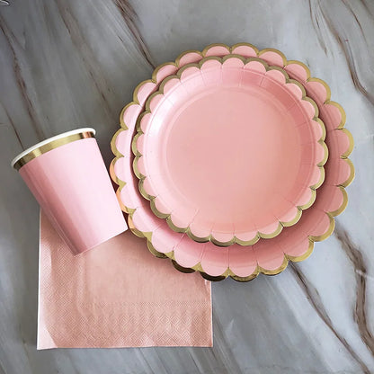 40pcs/set Yellow Green Pink Blue Paper Plates Cups Disposable Tableware Set for Wedding Birthday Party Baby Shower Supplies.