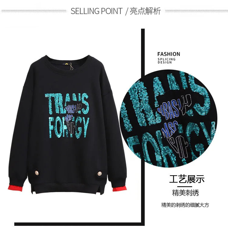 150 kg Übergröße Damen Büste 157 Winter Fleece Lose Pailletten Brief Sweatshirts Rundhals Pullover Top 5XL 6XL 7XL 8XL 9XL.