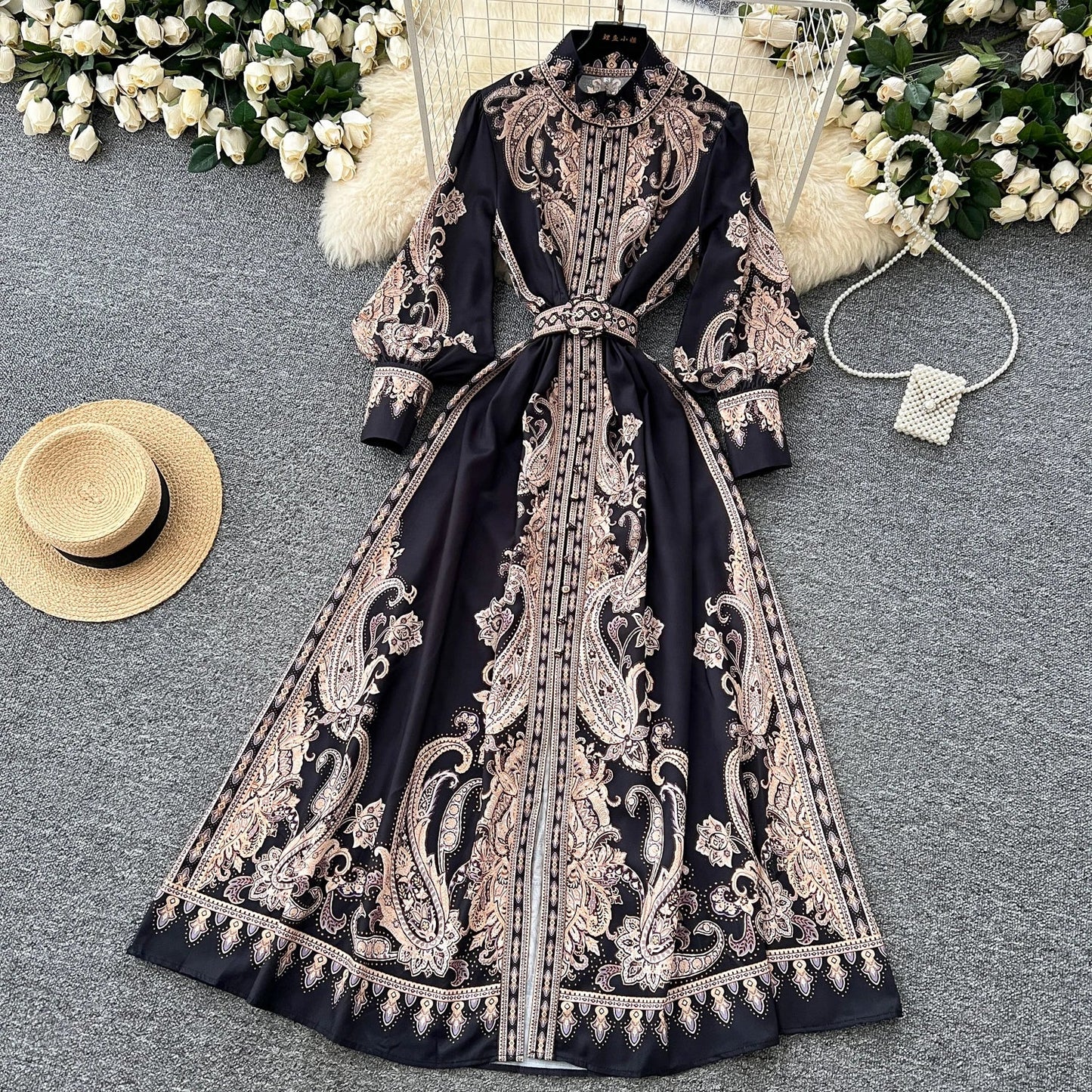 2025 Spring Vintage Stand Collar Tunic Casual Midi Dress For Women Lantern Sleeve Empire Printed Lace Dress.