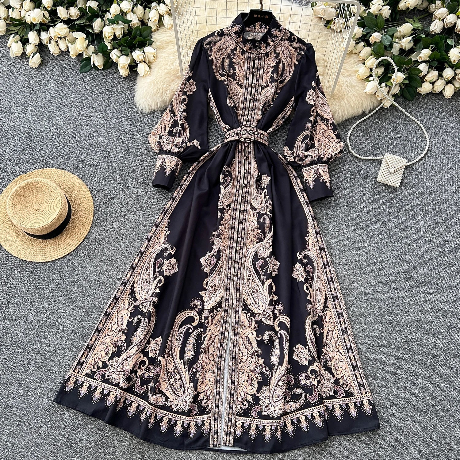 2025 Spring Vintage Stand Collar Tunic Casual Midi Dress For Women Lantern Sleeve Empire Printed Lace Dress.