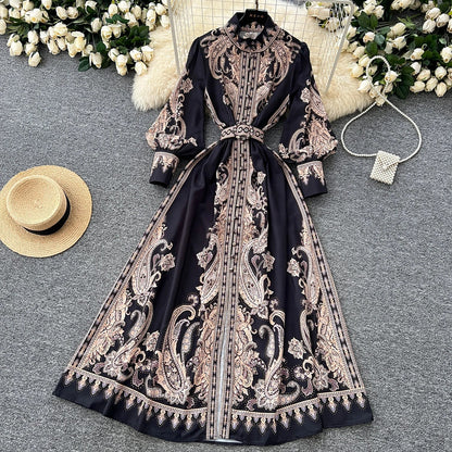 2025 Spring Vintage Stand Collar Tunic Casual Midi Dress For Women Lantern Sleeve Empire Printed Lace Dress.