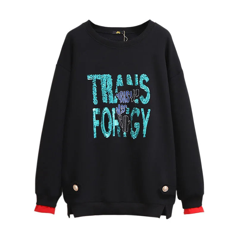 150 kg Übergröße Damen Büste 157 Winter Fleece Lose Pailletten Brief Sweatshirts Rundhals Pullover Top 5XL 6XL 7XL 8XL 9XL.