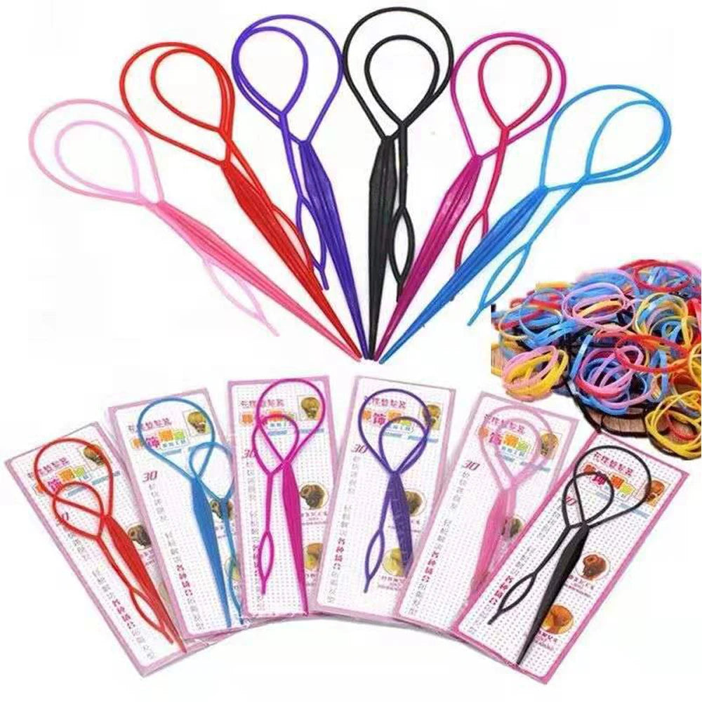 Plastic Hair Loop Styling Tool Magic Topsy Tail Hair Braid Ponytail Styling Clip Bun Maker For Girls Hairstyles.