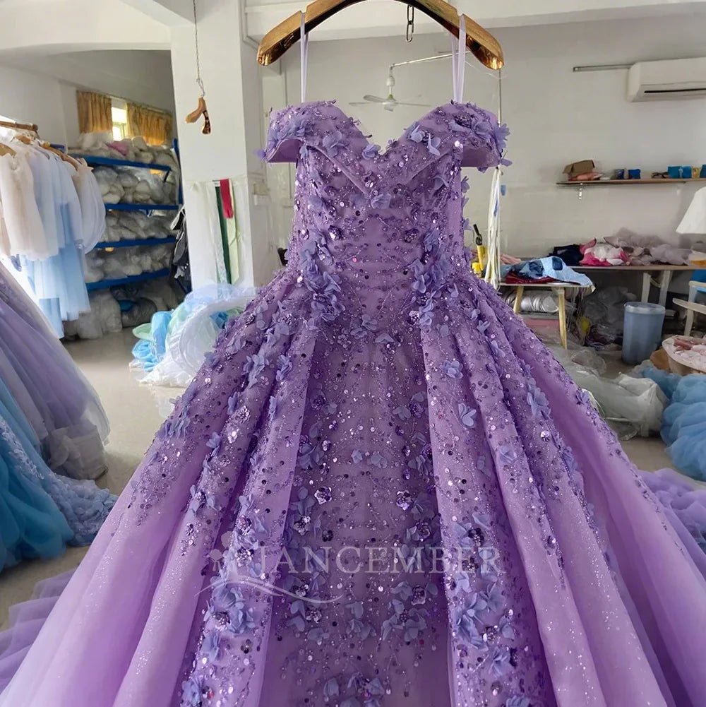 Purple Organza Girls Evening Dress Ball Gown Style Lace Crystal Embroidery Decorations Chapel Train for Parties Lsany24.