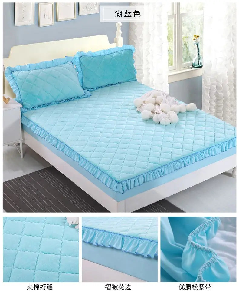 Fashion Flannel Bed Fitted Sheet Quilted Mattress Cover Soft and Comfortable Lace Fit Elastic Band Bed Sheet