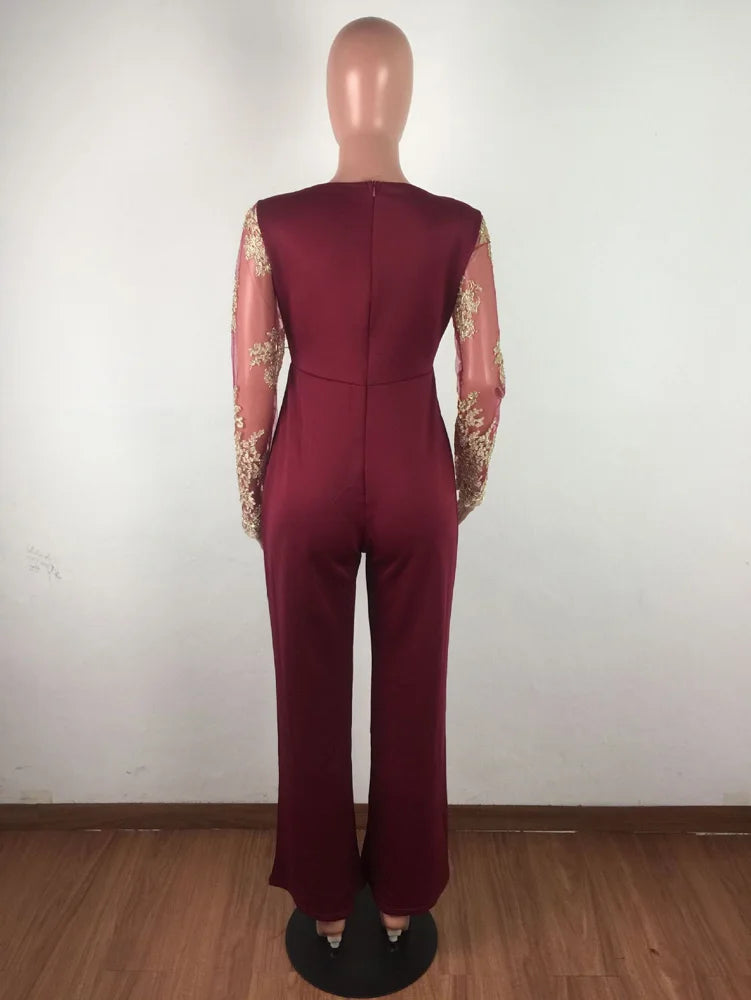 Wide Leg Casual Overalls Sexy Women V-Neck Elegant Lace Straight Party Jumpsuit Romper.