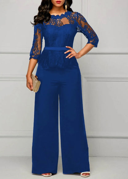 Elegant Sexy Jumpsuits Women Long Sleeve Lace Patchwork Jumpsuit Loose Trousers Wide Leg Pants Rompers Holiday Black Overalls.