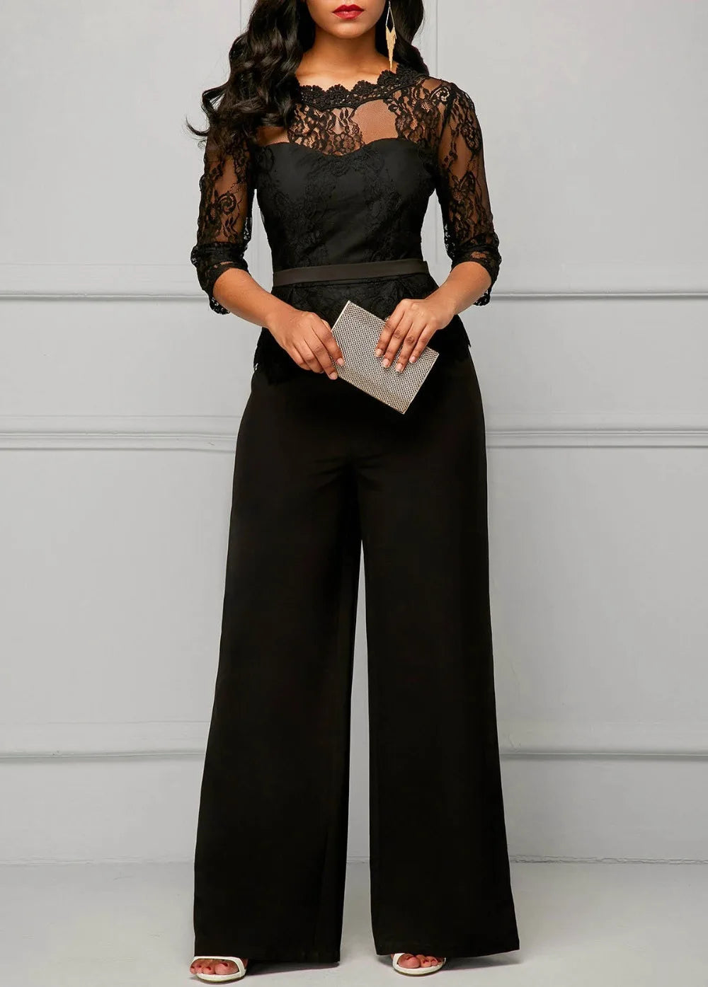 Elegant Sexy Jumpsuits Women Long Sleeve Lace Patchwork Jumpsuit Loose Trousers Wide Leg Pants Rompers Holiday Black Overalls.