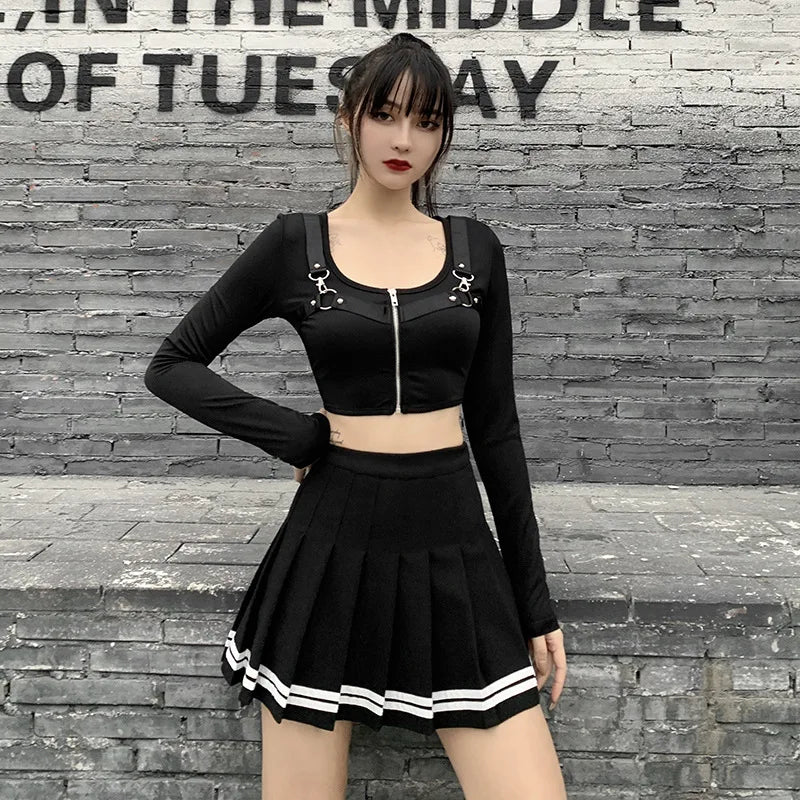 Vintage Korean Style Patchwork Skirt Harajuku JK Black Pleated Skirts Gothic Streetwear High Waist Mini Skirt Women Punk Skirt.