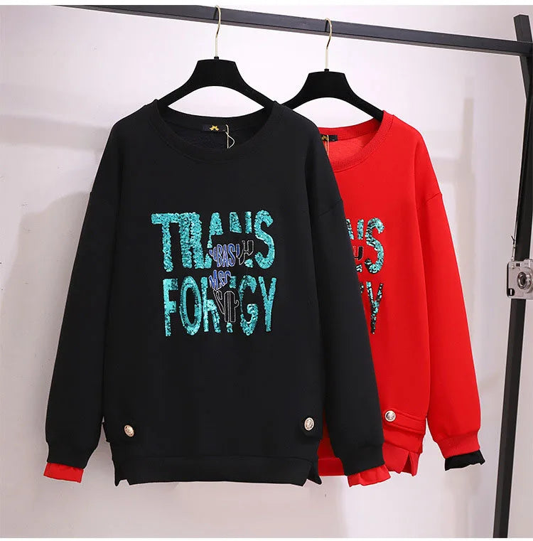 150 kg Übergröße Damen Büste 157 Winter Fleece Lose Pailletten Brief Sweatshirts Rundhals Pullover Top 5XL 6XL 7XL 8XL 9XL.