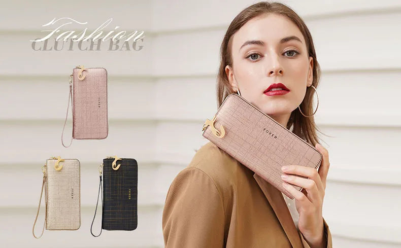 FOXER Women Split Leather Wallet Bifold Clutch Bag with Wristlet Fashion Card Holder Coin Purse Cellphone Bag Female Money Bag.