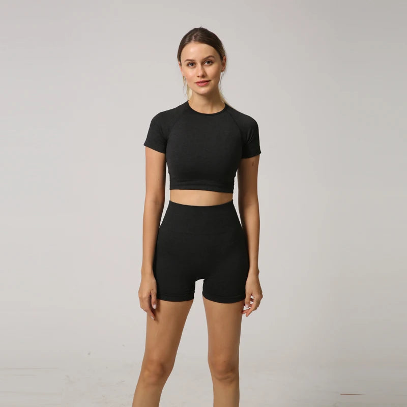 Seamless Women Yoga Set Crop Top Short Sleeve Shirt Fitness Shorts Workout Clothes For Women Gym Clothing Yoga Sport Set.