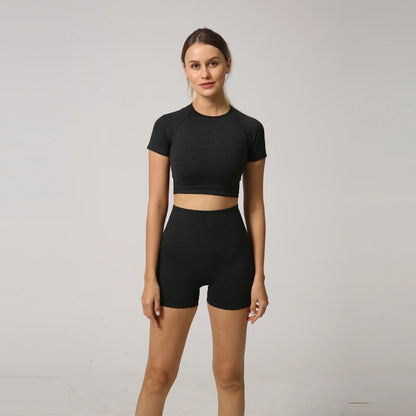 Seamless Women Yoga Set Crop Top Short Sleeve Shirt Fitness Shorts Workout Clothes For Women Gym Clothing Yoga Sport Set.