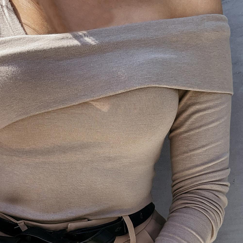 Women Autumn Winter T shirt Off Shoulder Oblique Neck Strapless Backless Long Sleeve Solid Color Ladies Slim Shirt femme