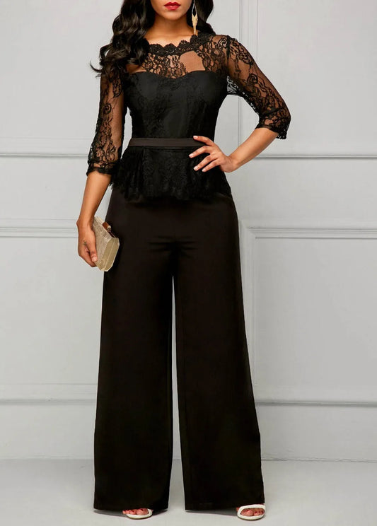 Elegant Sexy Jumpsuits Women Long Sleeve Lace Patchwork Jumpsuit Loose Trousers Wide Leg Pants Rompers Holiday Black Overalls.