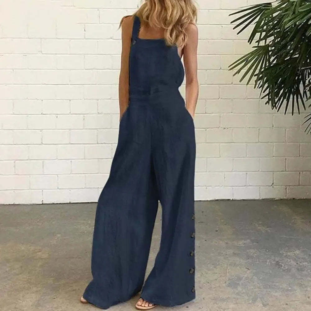 Women Jumpsuit Summer Sleeveless Solid Color Wide Leg Pockets Loose Strappy Playsuit Overall Wide Leg Pockets mono mujer verano.