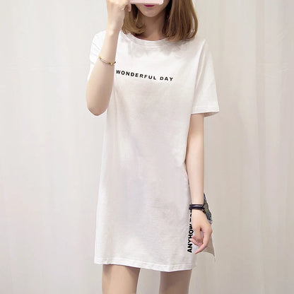 WONDERFUL DAY Print Long T shirts Summer Women Loose Slit Femme Tops  Tshirt Short sleeve Ladies t-shirt.